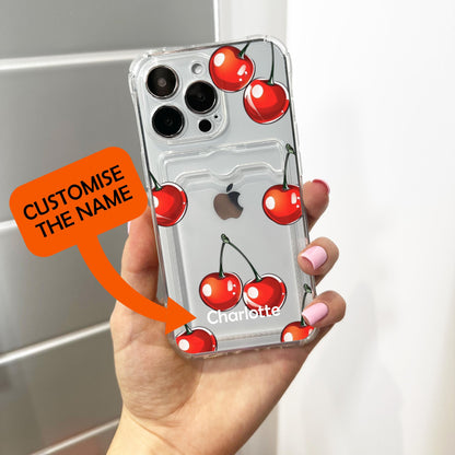 Red Cherry Pattern Clear Card Holder Phone Case for iPhone 17 16 15 14 13 12 11 11 Pro Max Mini 7 8 XR XS X Wallet Shockproof Phone Cover