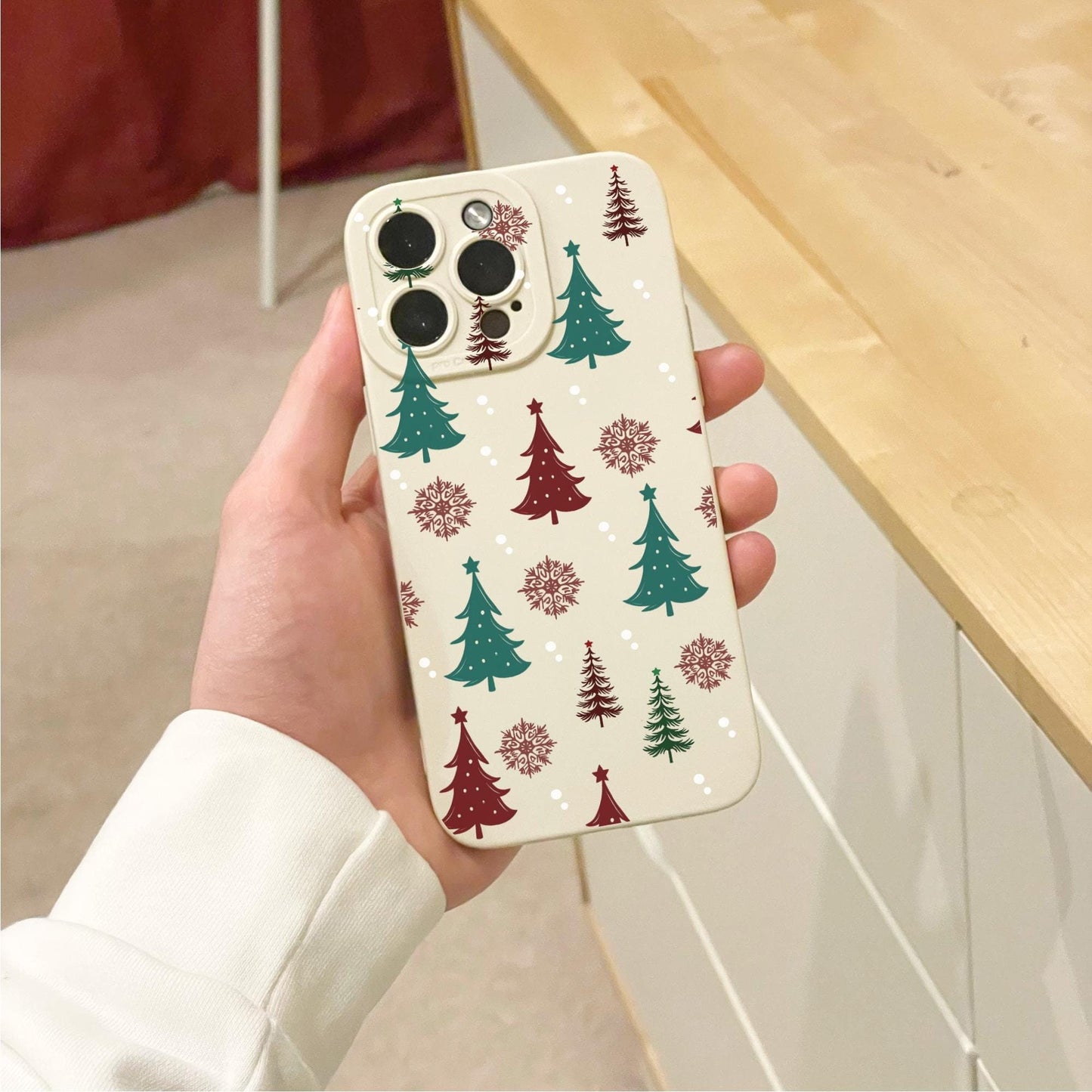 Christmas Tree Snow Beige Phone Case for iPhone 16 15 14 13 12 11 11 Pro Max Mini 7 8 SE XR X Shockproof Phone Cover with Personalised Name
