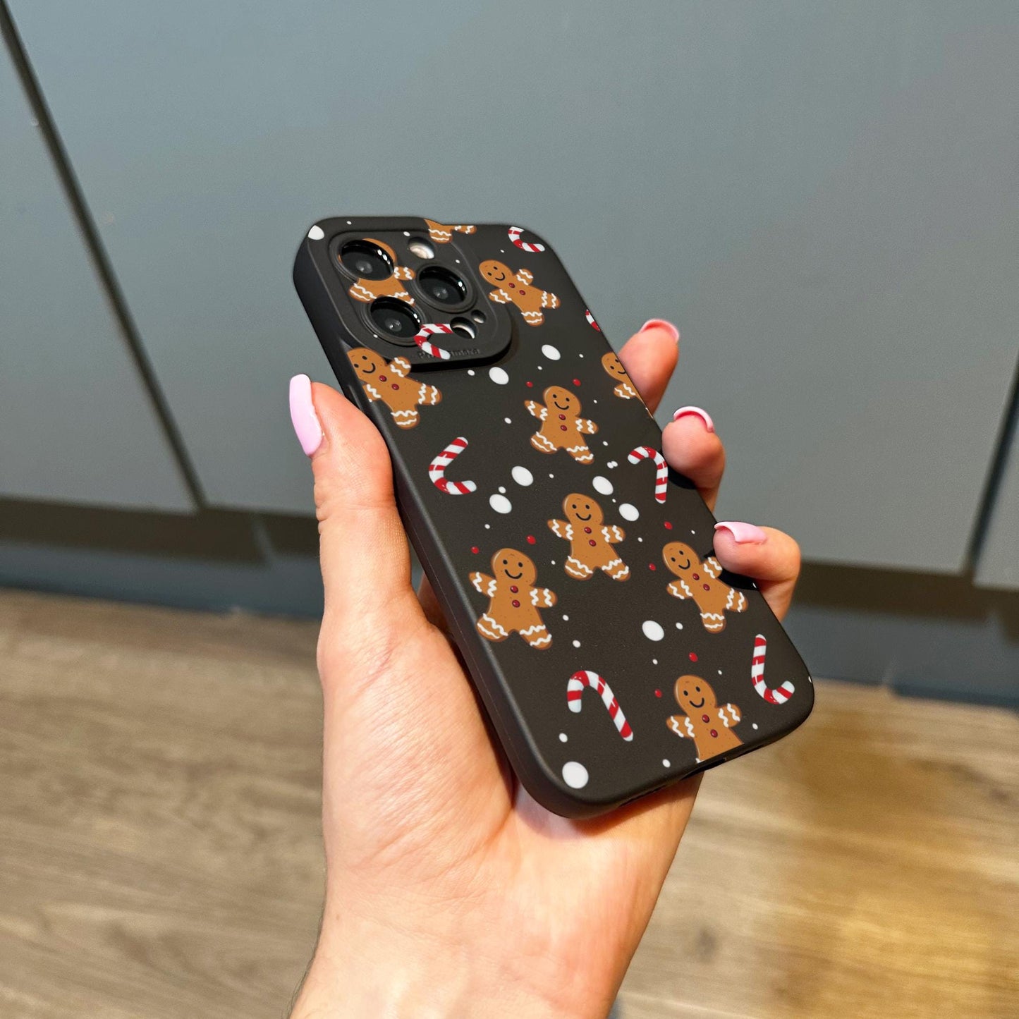 Gingerbread Candy Cane Black Phone Case for iPhone 16 15 14 13 12 11 11 Pro Max Mini 7 8 XR XS X Shockproof Phone Cover with Custom Name