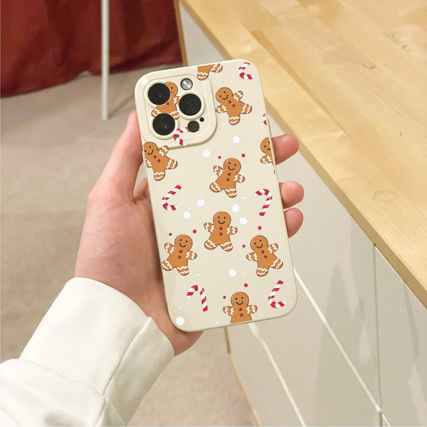Christmas Gingerbread Candy Cane Pattern Beige Phone Case for iPhone 16 15 14 13 12 11 11 Pro Max Mini 7 8 SE XR XS X Shockproof Phone Cover