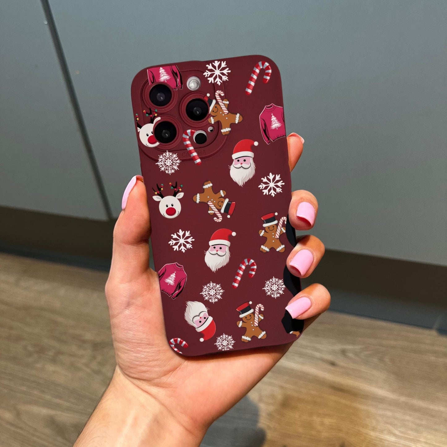 Santa Reindeer Snowflakes Gingerbread Burgundy Phone Case for iPhone 16 15 14 13 12 11 11 Pro Max Mini 7 8 SE XR XS X Shockproof Phone Cover