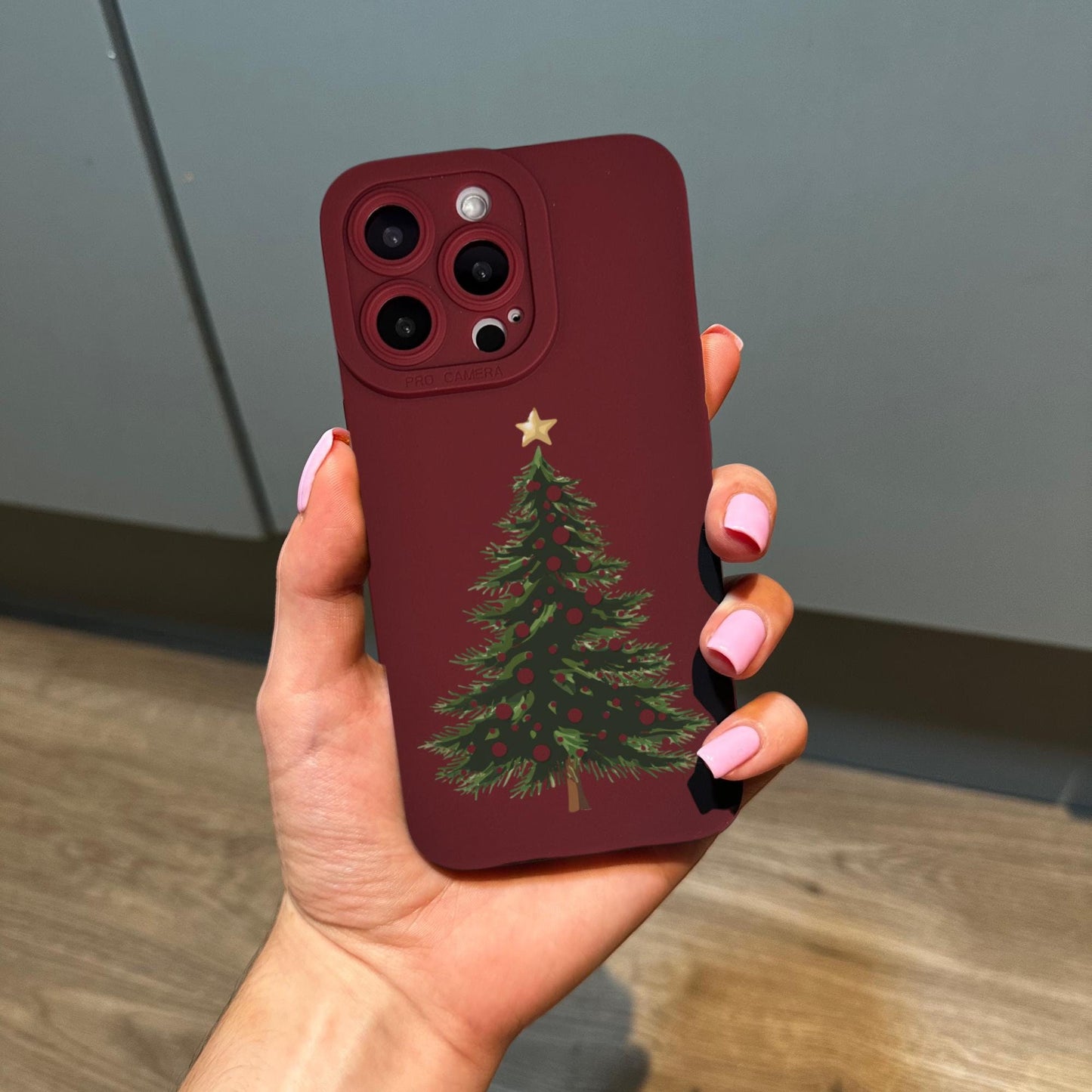 Christmas Tree Burgundy Red Phone Case for iPhone 16 15 14 13 12 11 11 Pro Max Mini 7 8 SE XR XS X Shockproof Phone Cover