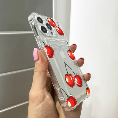 Red Cherry Pattern Clear Card Holder Phone Case for iPhone 17 16 15 14 13 12 11 11 Pro Max Mini 7 8 XR XS X Wallet Shockproof Phone Cover