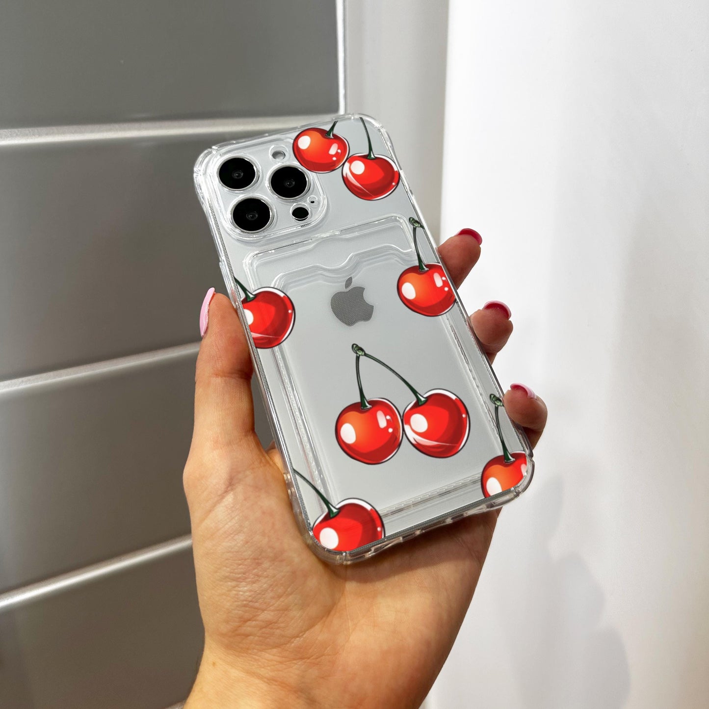 Red Cherry Pattern Clear Card Holder Phone Case for iPhone 17 16 15 14 13 12 11 11 Pro Max Mini 7 8 XR XS X Wallet Shockproof Phone Cover