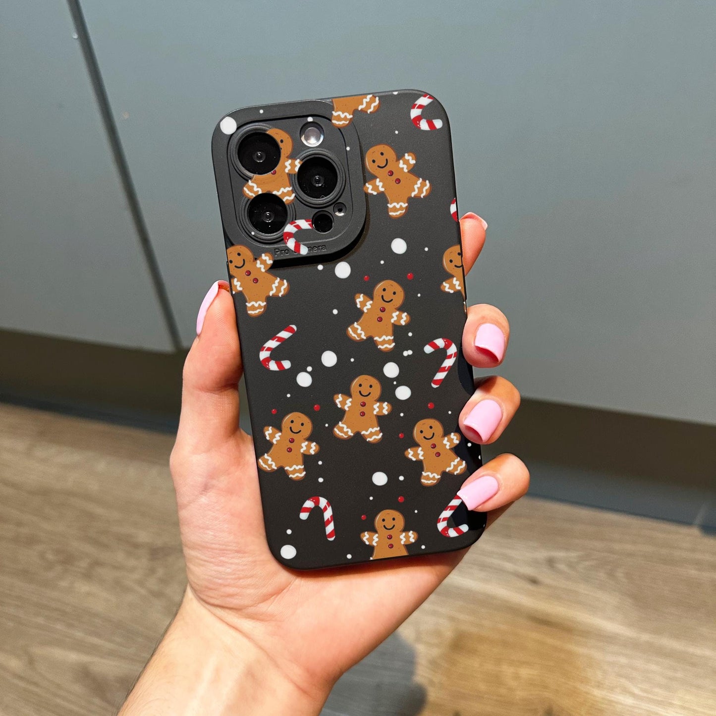 Gingerbread Candy Cane Black Phone Case for iPhone 16 15 14 13 12 11 11 Pro Max Mini 7 8 XR XS X Shockproof Phone Cover with Custom Name