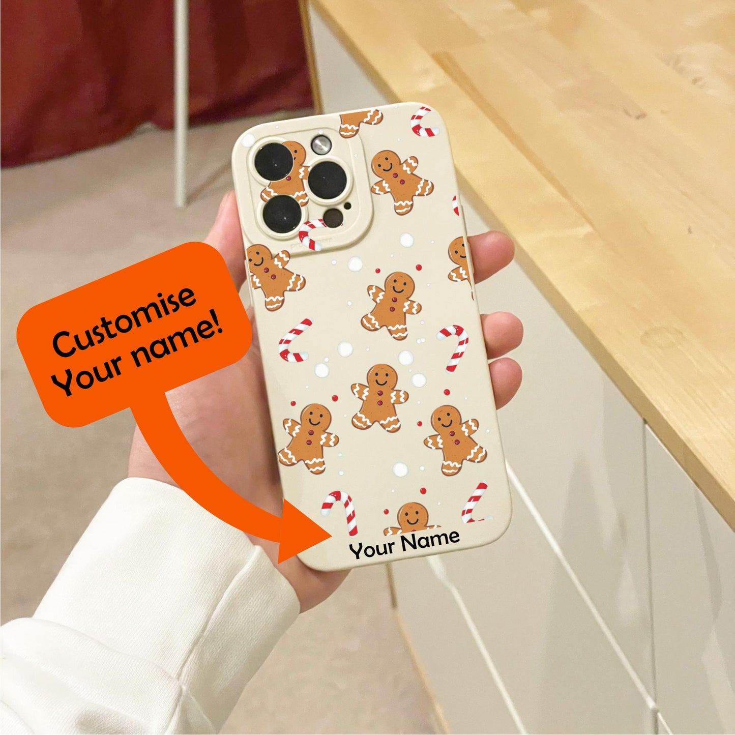 Christmas Gingerbread Candy Cane Pattern Beige Phone Case for iPhone 16 15 14 13 12 11 11 Pro Max Mini 7 8 SE XR XS X Shockproof Phone Cover