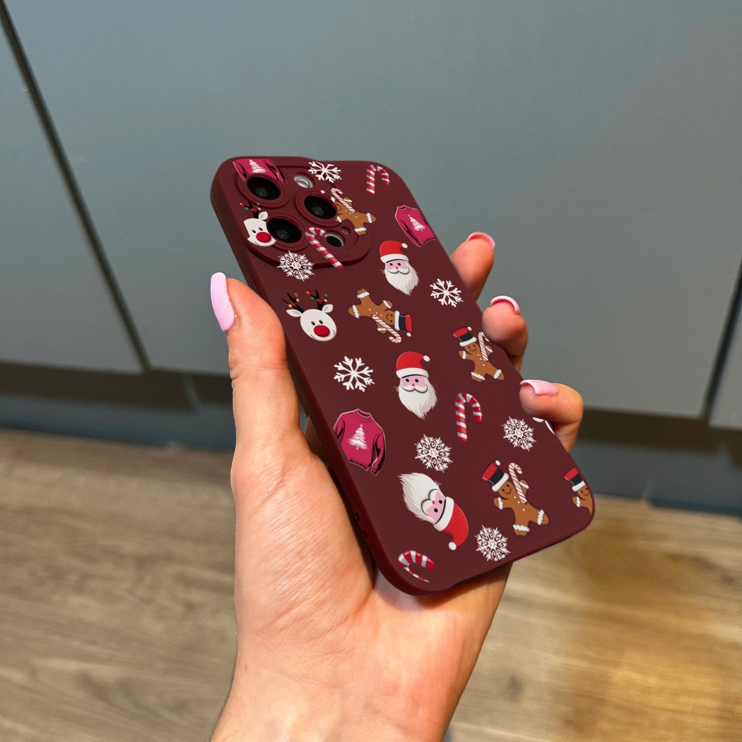 Santa Reindeer Snowflakes Gingerbread Burgundy Phone Case for iPhone 16 15 14 13 12 11 11 Pro Max Mini 7 8 SE XR XS X Shockproof Phone Cover