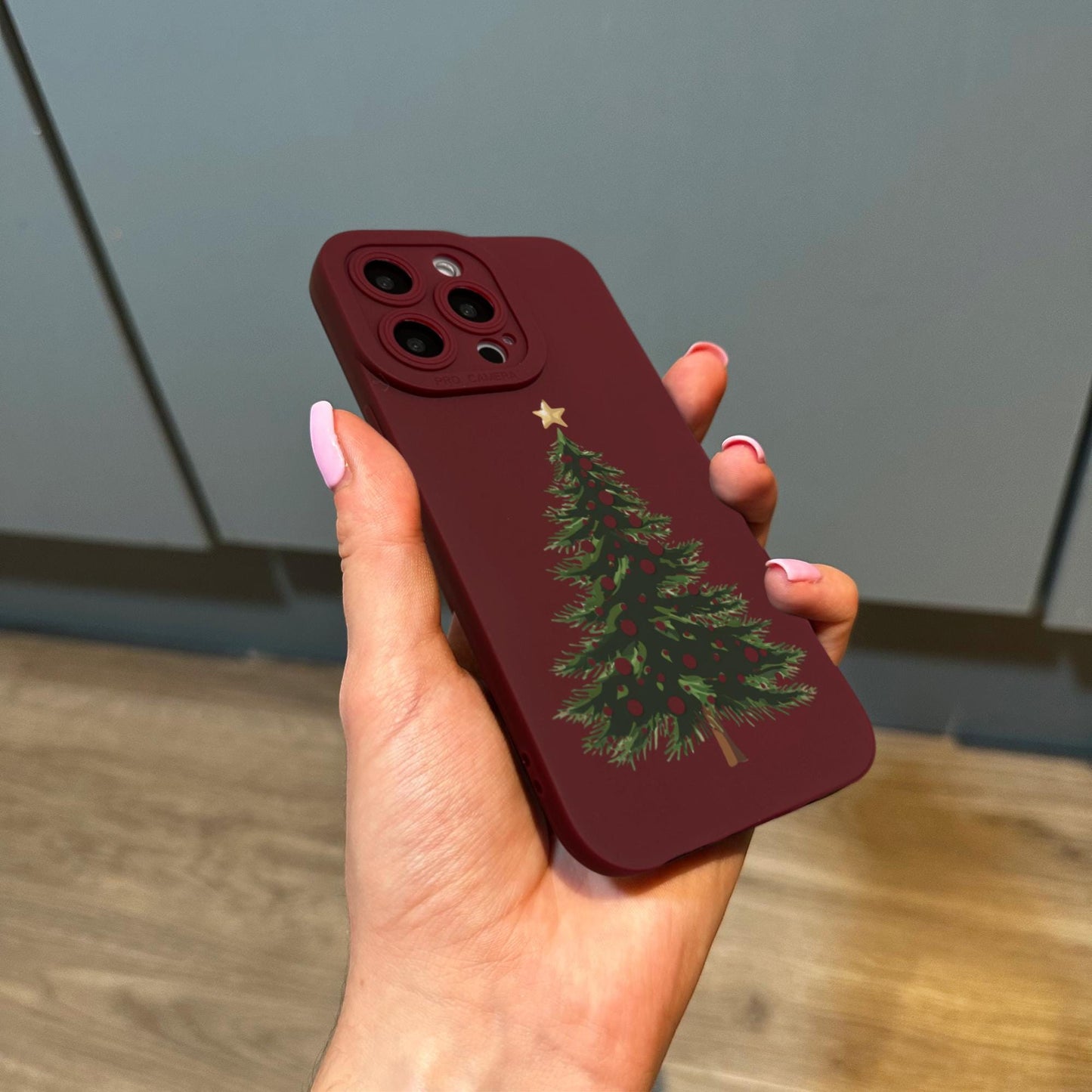 Christmas Tree Burgundy Red Phone Case for iPhone 16 15 14 13 12 11 11 Pro Max Mini 7 8 SE XR XS X Shockproof Phone Cover
