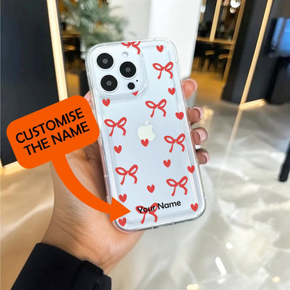 Red Heart Bow Pattern Clear Thick Phone Case for iPhone 16 15 14 13 12 11 11 Pro Max Mini 7 8 XR XS X Shockproof Slim Phone Cover for Girls
