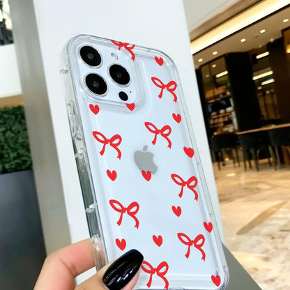 Red Heart Bow Pattern Clear Thick Phone Case for iPhone 16 15 14 13 12 11 11 Pro Max Mini 7 8 XR XS X Shockproof Slim Phone Cover for Girls