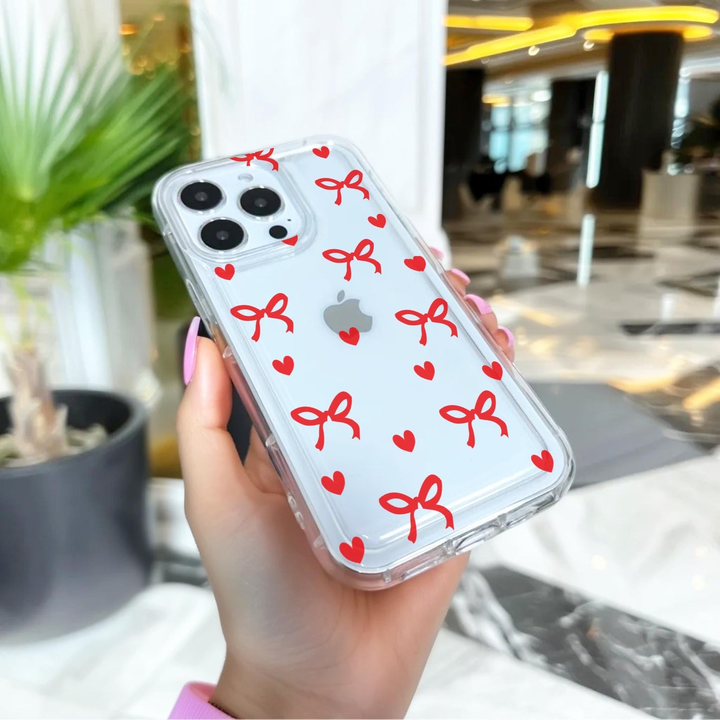 Red Heart Bow Pattern Clear Thick Phone Case for iPhone 16 15 14 13 12 11 11 Pro Max Mini 7 8 XR XS X Shockproof Slim Phone Cover for Girls