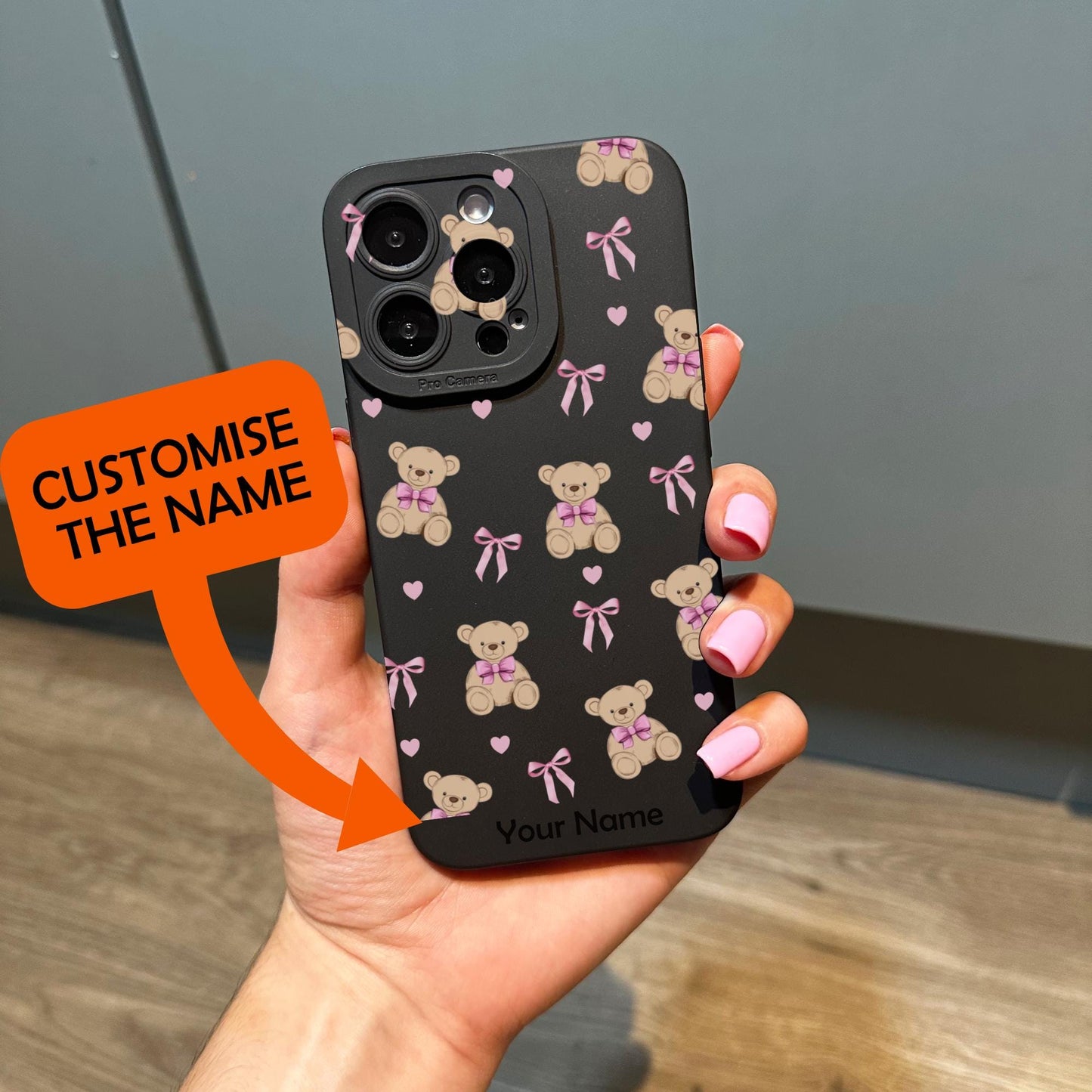 Pink Bow Heart Bear Phone Case for iPhone 16 15 14 13 12 11 11 Pro Max Mini 7 8 XR XS X Shockproof Phone Cover with Customised Name