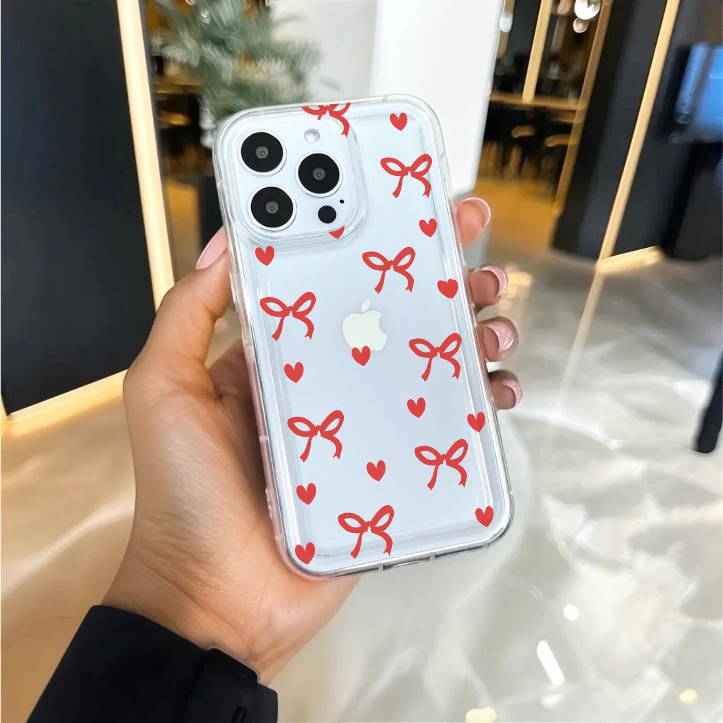 Red Heart Bow Pattern Clear Thick Phone Case for iPhone 16 15 14 13 12 11 11 Pro Max Mini 7 8 XR XS X Shockproof Slim Phone Cover for Girls