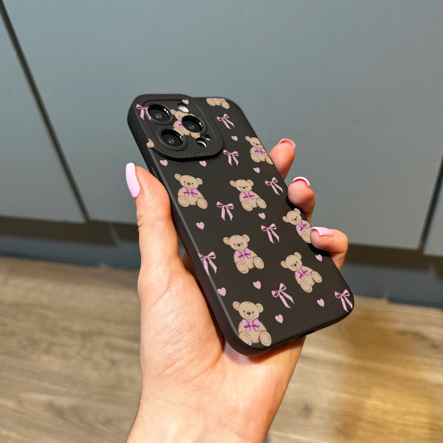 Pink Bow Heart Bear Phone Case for iPhone 16 15 14 13 12 11 11 Pro Max Mini 7 8 XR XS X Shockproof Phone Cover with Customised Name