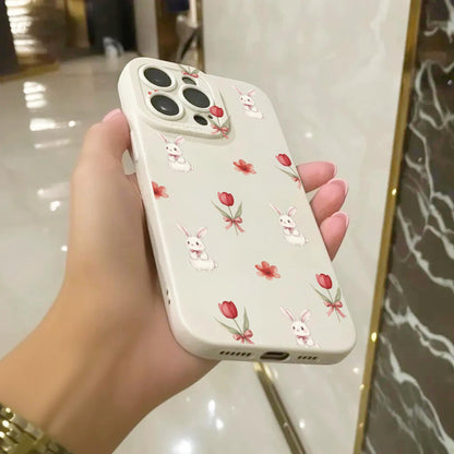 Easter Bunny Floral Pattern Phone Case for iPhone 16 15 14 13 12 11 11 Pro Max Mini 7 8 XR XS X Shockproof Phone Cover with Custom Name