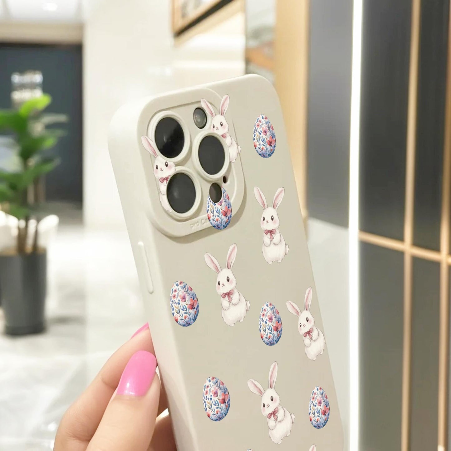 Easter Egg Bunny Pattern Beige Phone Case for iPhone 16 15 14 13 12 11 11 Pro Max Mini 7 8 XR XS X Shockproof Phone Cover with Custom Name