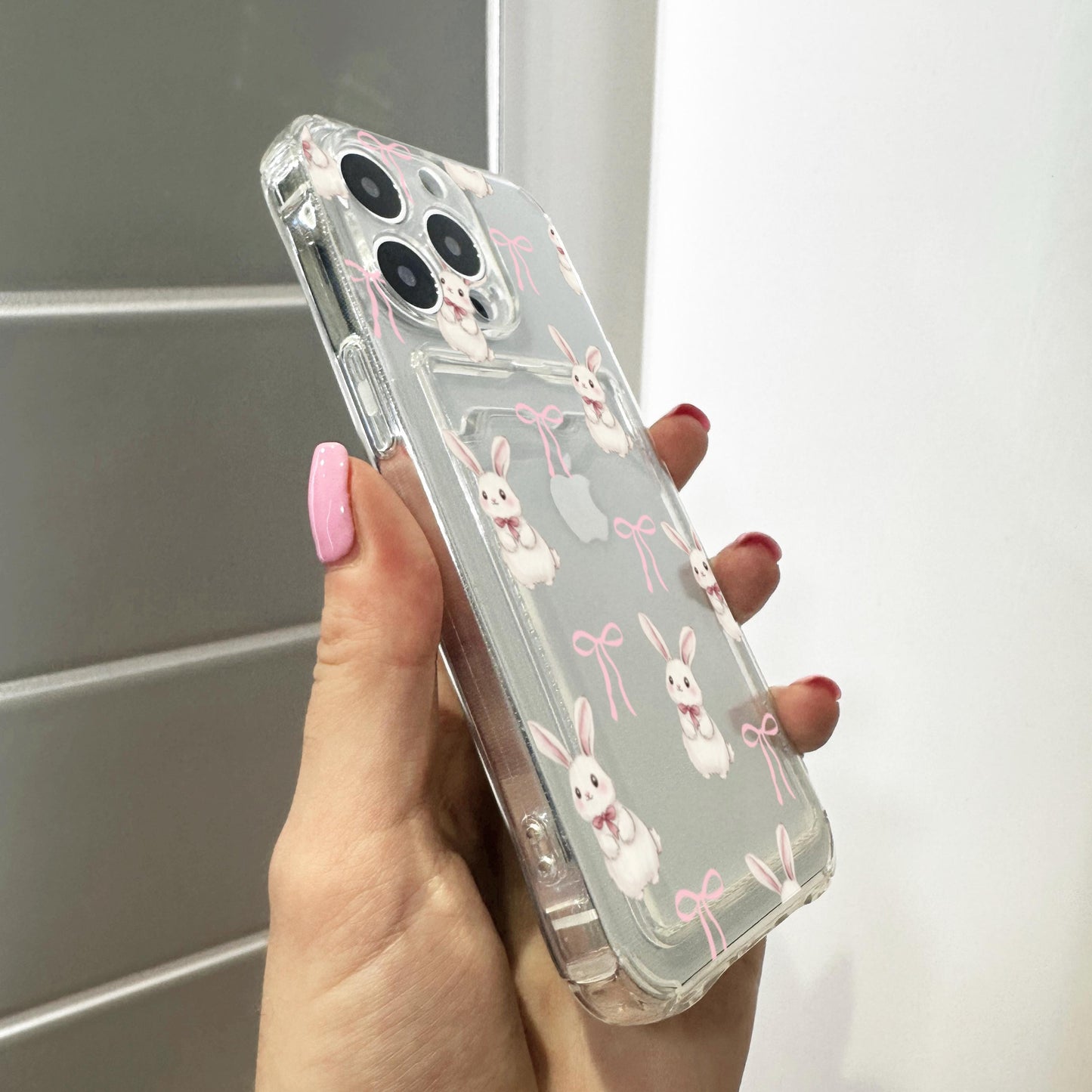 Easter Bunny Bow Card Holder Phone Case for iPhone 16 15 14 13 12 11 11 Pro Max Mini 7 8 XR XS X Wallet Shockproof Phone Cover Custom Name