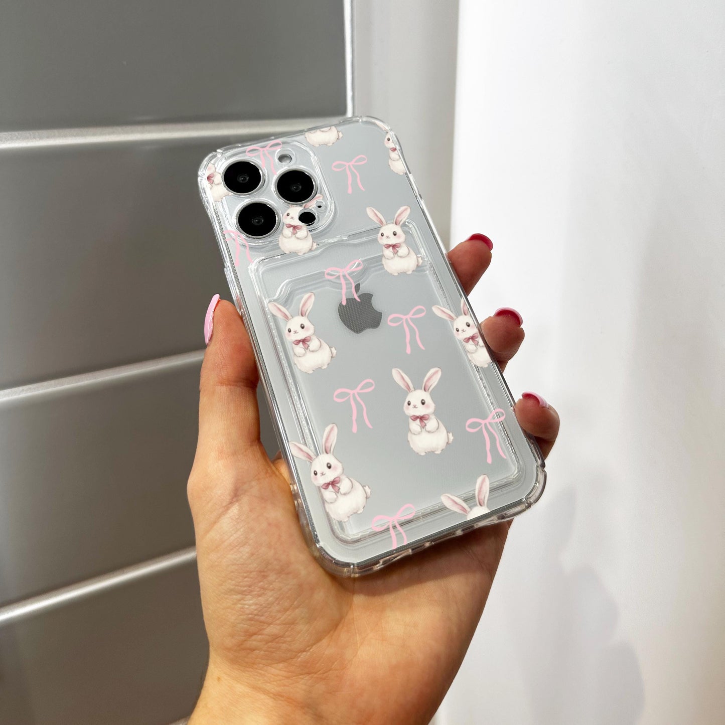 Easter Bunny Bow Card Holder Phone Case for iPhone 16 15 14 13 12 11 11 Pro Max Mini 7 8 XR XS X Wallet Shockproof Phone Cover Custom Name