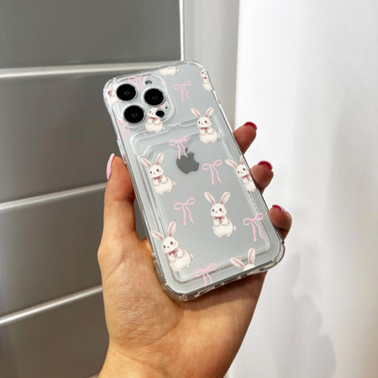 Easter Bunny Bow Card Holder Phone Case for iPhone 16 15 14 13 12 11 11 Pro Max Mini 7 8 XR XS X Wallet Shockproof Phone Cover Custom Name