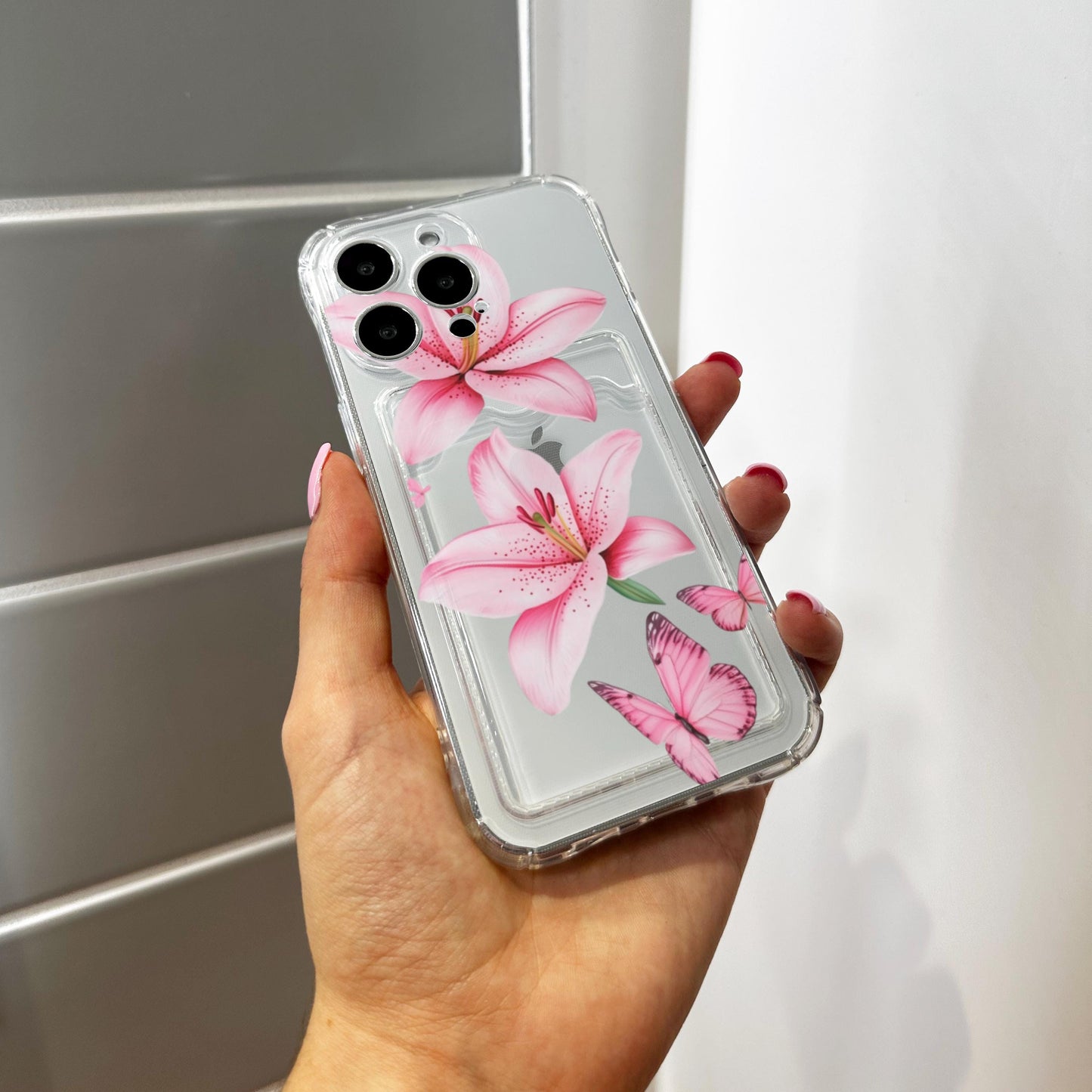 Pink Lily Butterfly Card Holder Phone Case for iPhone 17 16 15 14 13 12 11 11 Pro Max Mini 7 8 XR Wallet Shockproof Phone Cover Custom Name