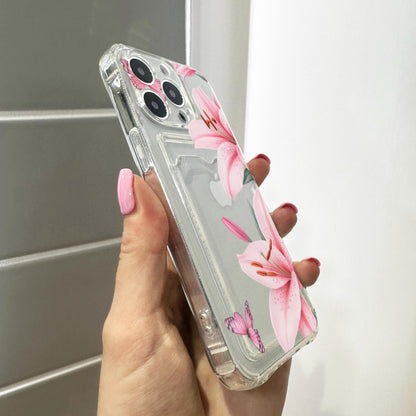 Pink Lily Butterfly Card Holder Phone Case for iPhone 17 16 15 14 13 12 11 11 Pro Max Mini 7 8 XR Wallet Shockproof Phone Cover Custom Name