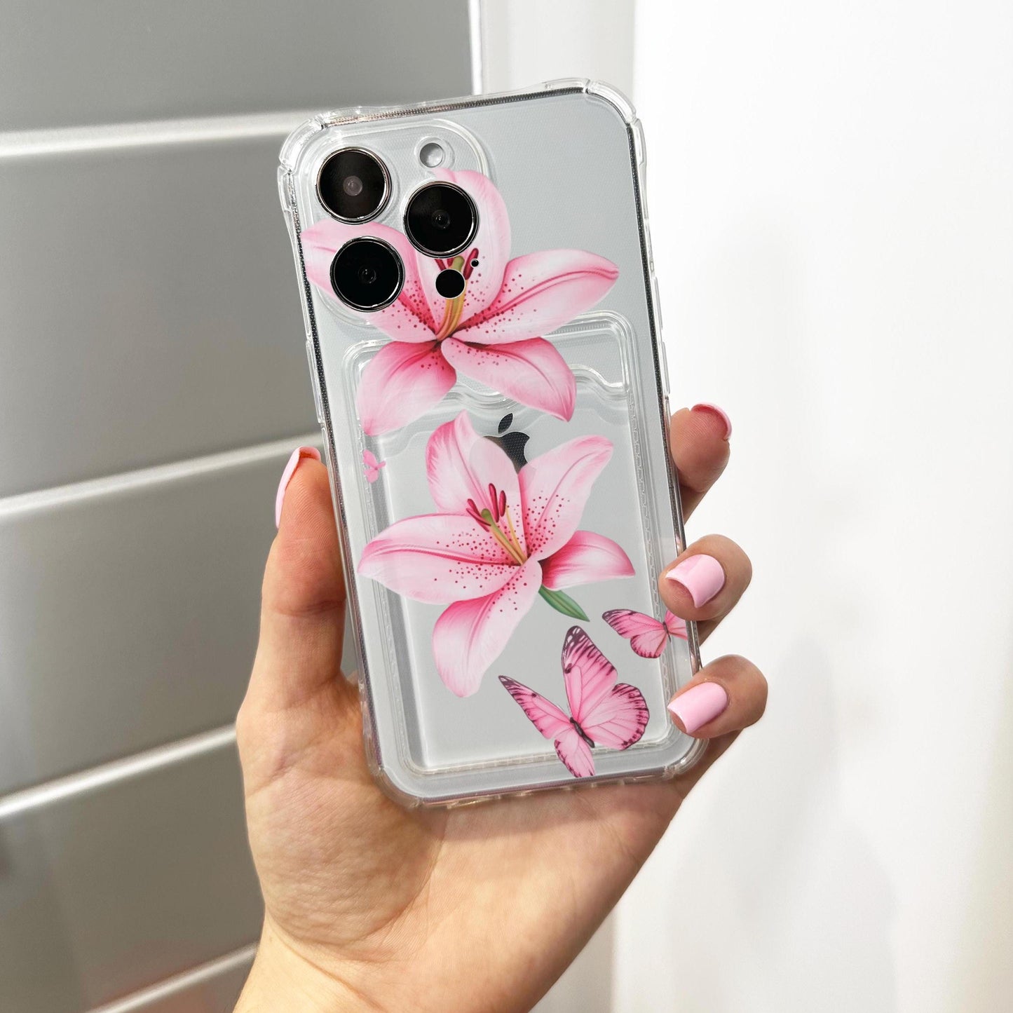 Pink Lily Butterfly Card Holder Phone Case for iPhone 17 16 15 14 13 12 11 11 Pro Max Mini 7 8 XR Wallet Shockproof Phone Cover Custom Name