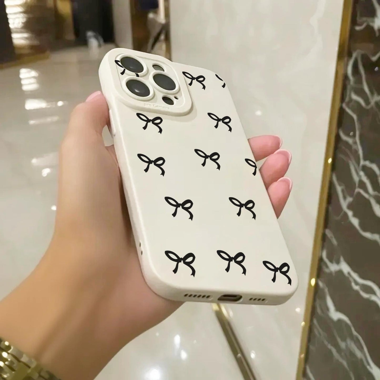 Black Bow Pattern Beige Phone Case for iPhone 17 16 15 14 13 12 11 11 Pro Max Mini 7 8 XR XS X Shockproof Phone Cover with Personalised Name