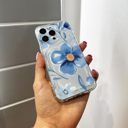 Blue Watercolor Flower Card Holder Phone Case for iPhone 17 16 15 14 13 12 11 11 Pro Max Mini 7 XR Wallet Shockproof Phone Cover Custom Name