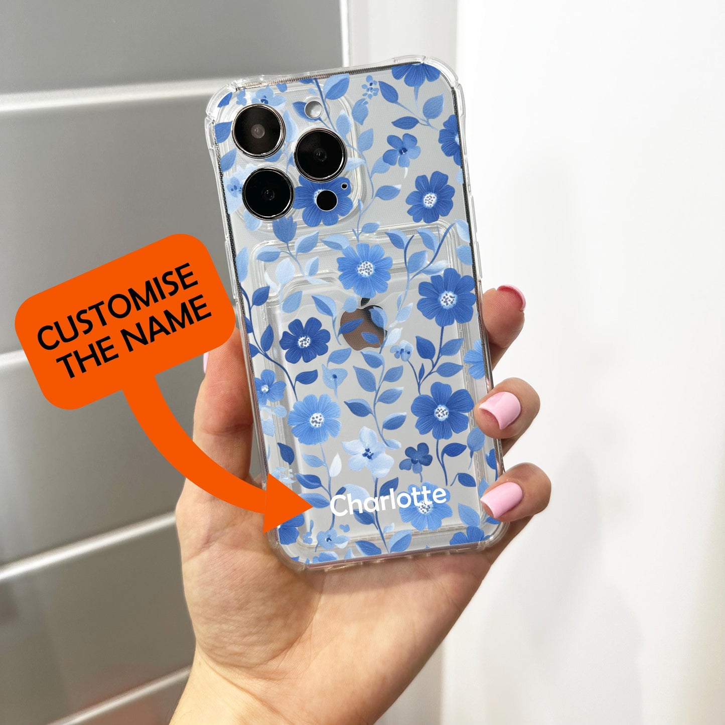 Blue Floral Pattern Card Holder Phone Case for iPhone 17 16 15 14 13 12 11 11 Pro Max Mini 7 8 XR Wallet Shockproof Phone Cover Custom Name