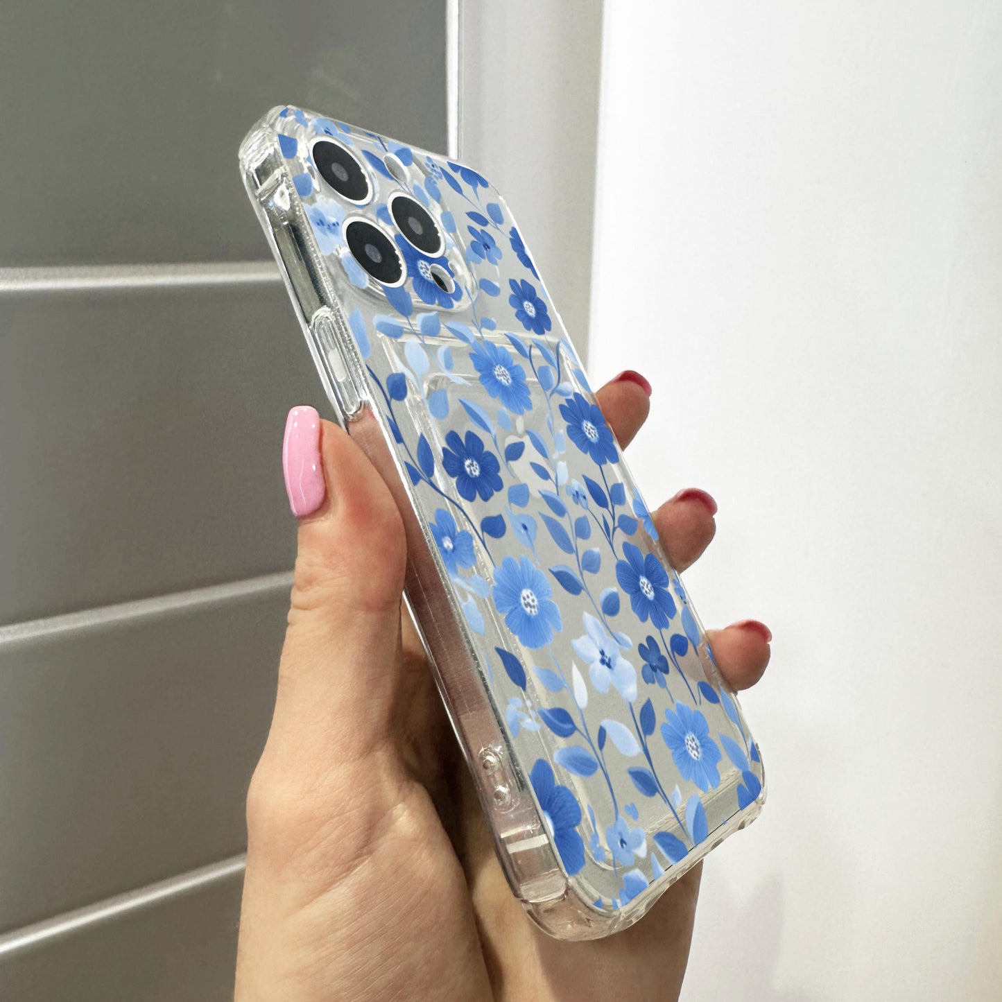 Blue Floral Pattern Card Holder Phone Case for iPhone 17 16 15 14 13 12 11 11 Pro Max Mini 7 8 XR Wallet Shockproof Phone Cover Custom Name