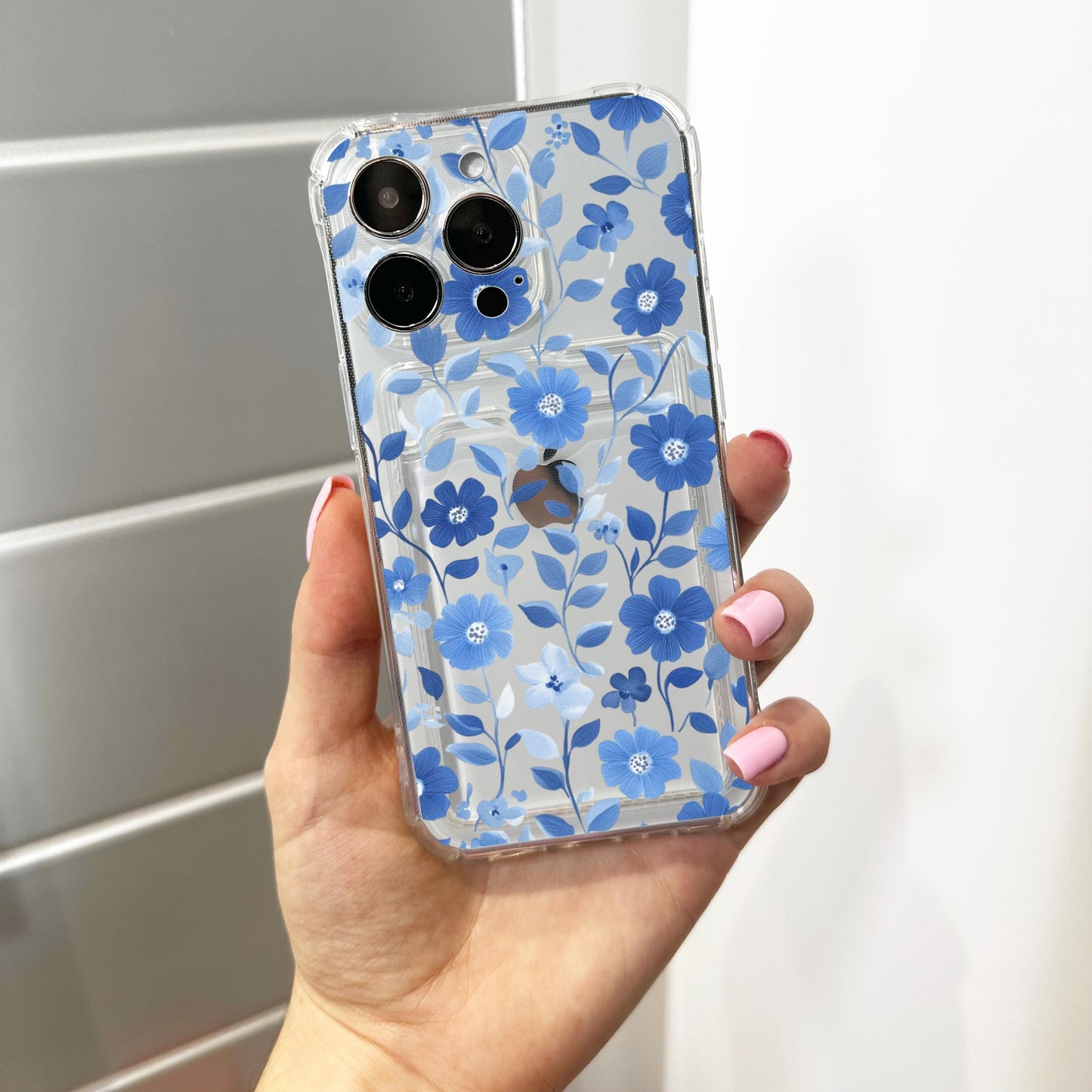 Blue Floral Pattern Card Holder Phone Case for iPhone 17 16 15 14 13 12 11 11 Pro Max Mini 7 8 XR Wallet Shockproof Phone Cover Custom Name