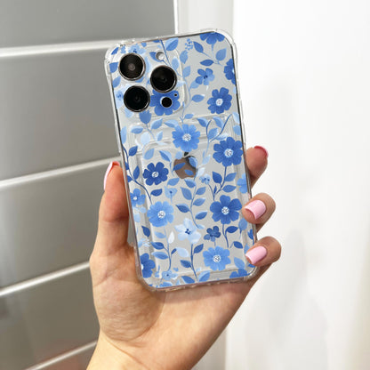 Blue Floral Pattern Card Holder Phone Case for iPhone 17 16 15 14 13 12 11 11 Pro Max Mini 7 8 XR Wallet Shockproof Phone Cover Custom Name