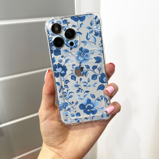 Blue Flower Card Holder Phone Case for iPhone 17 16 15 14 13 12 11 11 Pro Max Mini 7 8 XR Wallet Shockproof Phone Cover Personalised Name