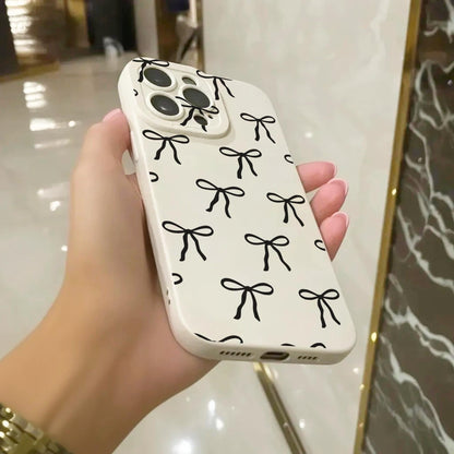 Black Bow Pattern Beige Phone Case for iPhone 17 16 15 14 13 12 11 11 Pro Max Mini 7 8 XR XS X Shockproof Phone Cover with Personalised Name