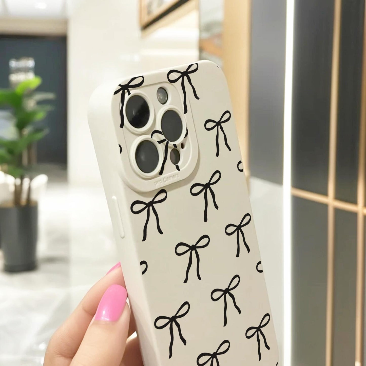 Black Bow Pattern Beige Phone Case for iPhone 17 16 15 14 13 12 11 11 Pro Max Mini 7 8 XR XS X Shockproof Phone Cover with Personalised Name