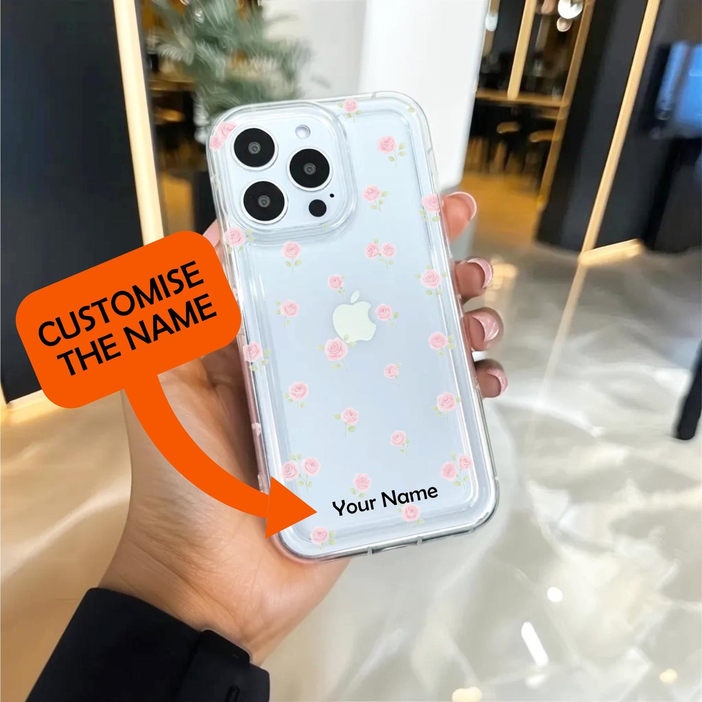 Small Pink Rose Floral Clear Phone Case for iPhone 16 15 14 13 12 11 11 Pro Max Mini 7 8 XR Shockproof Silicone Phone Cover with Custom Name