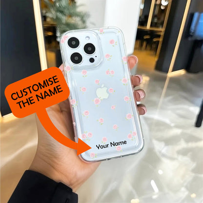 Small Pink Rose Floral Clear Phone Case for iPhone 16 15 14 13 12 11 11 Pro Max Mini 7 8 XR Shockproof Silicone Phone Cover with Custom Name