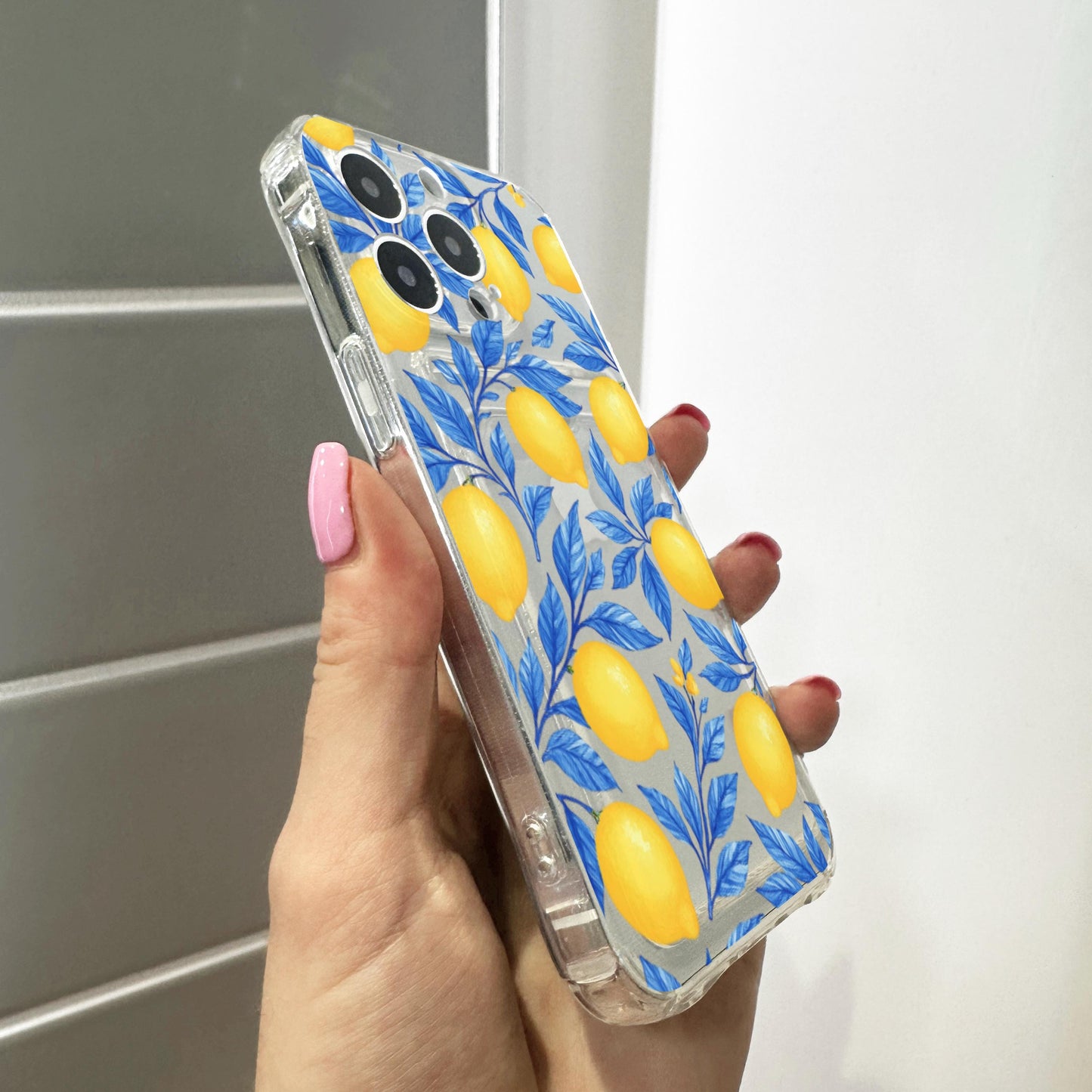 Blue Floral Lemon Card Holder Phone Case for iPhone 17 16 15 14 13 12 11 11 Pro Max Mini 7 8 XR X Wallet Shockproof Phone Cover Custom Name