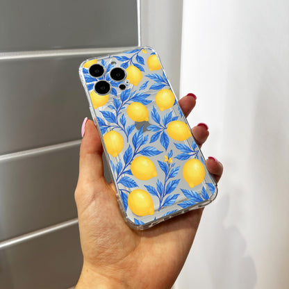 Blue Floral Lemon Card Holder Phone Case for iPhone 17 16 15 14 13 12 11 11 Pro Max Mini 7 8 XR X Wallet Shockproof Phone Cover Custom Name