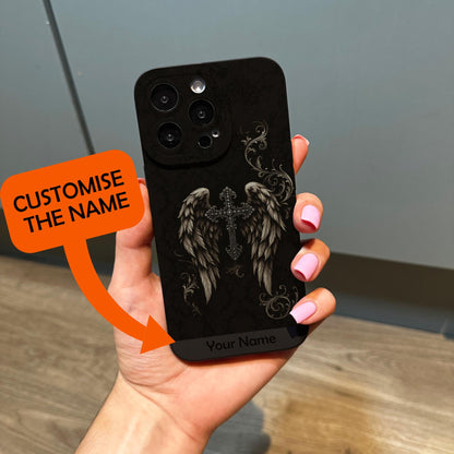 Dark Gothic Angel Wings Ornate Black Phone Case for iPhone 17 16 15 14 13 12 11 11 Pro Max Mini 7 8 XR X Shockproof Phone Cover Custom Name