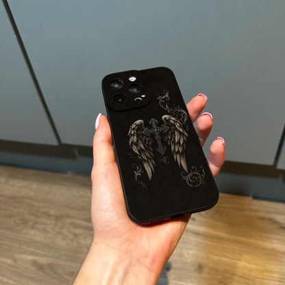 Dark Gothic Angel Wings Ornate Black Phone Case for iPhone 17 16 15 14 13 12 11 11 Pro Max Mini 7 8 XR X Shockproof Phone Cover Custom Name