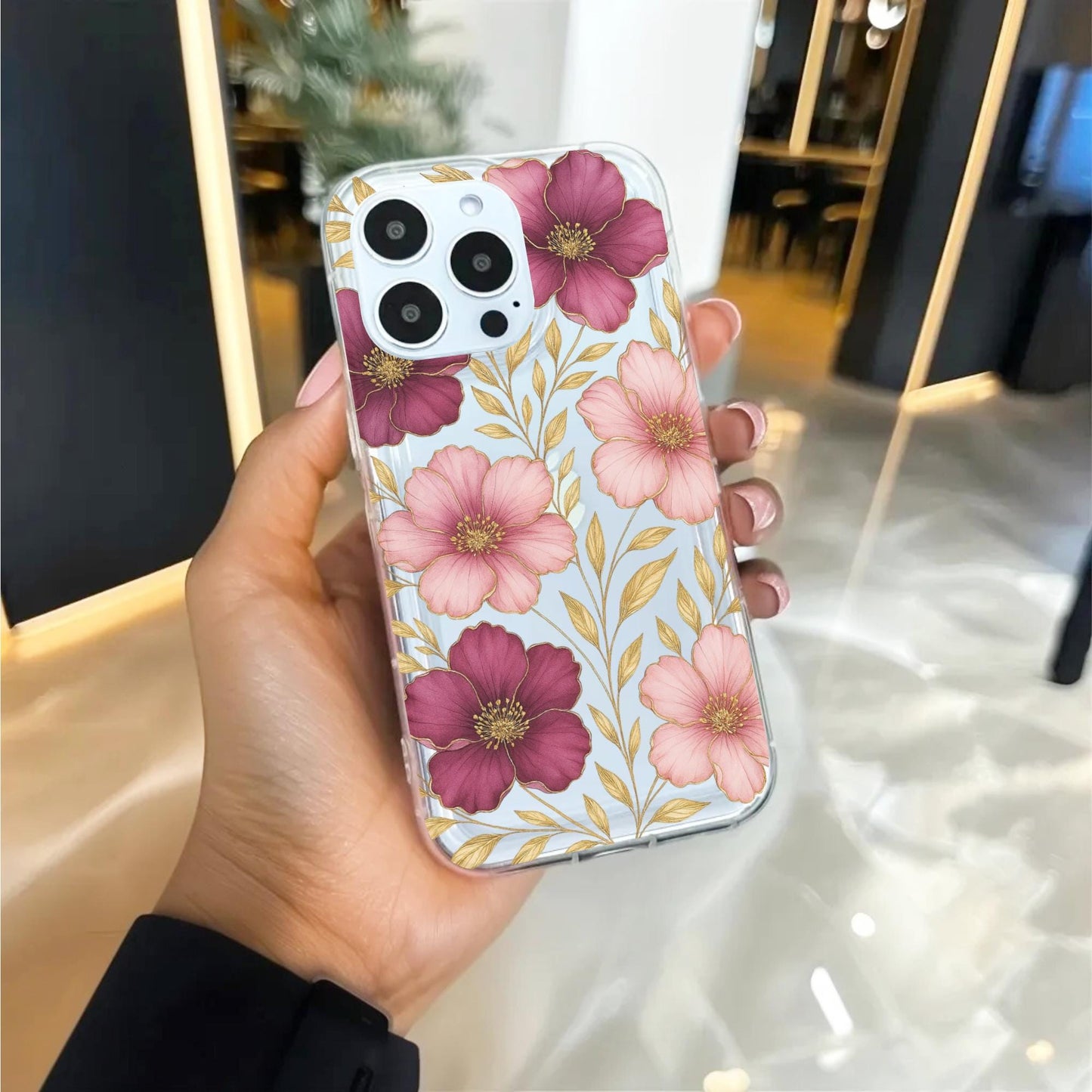 Pink & Purple Flowers with Gold Leaves Floral Clear Phone Case for iPhone 16 15 14 13 12 11 11 Pro Max Mini 7 8 XR X Wallet Shockproof Cover