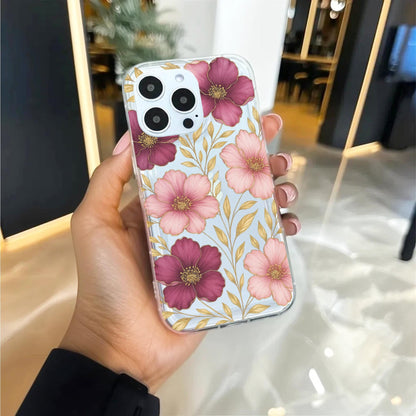 Pink & Purple Flowers with Gold Leaves Floral Clear Phone Case for iPhone 16 15 14 13 12 11 11 Pro Max Mini 7 8 XR X Wallet Shockproof Cover