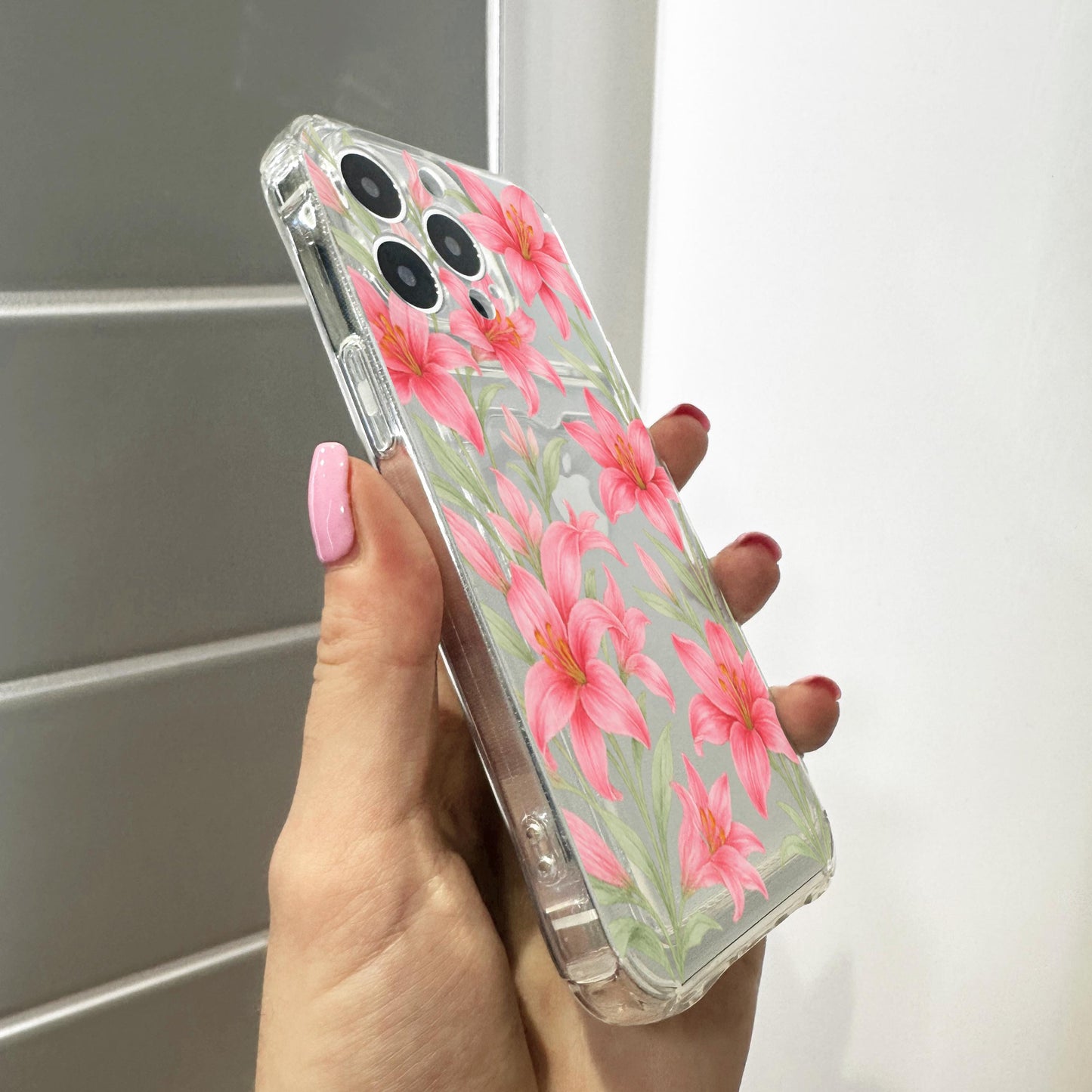 Pink Hibiscus Floral Card Holder Phone Case for iPhone 17 16 15 14 13 12 11 11 Pro Max Mini 7 8 XR Wallet Shockproof Phone Cover Custom Name