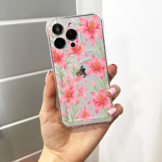 Pink Hibiscus Floral Card Holder Phone Case for iPhone 17 16 15 14 13 12 11 11 Pro Max Mini 7 8 XR Wallet Shockproof Phone Cover Custom Name