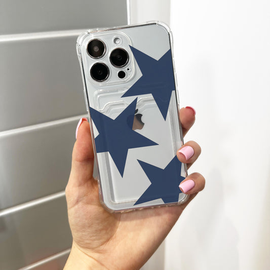 Blue Retro Star Pattern Card Holder Phone Case for iPhone 17 16 15 14 13 12 11 11 Pro Max Mini 7 8 XR Wallet Shockproof Phone Cover
