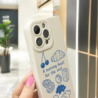 Breakfast Food Outline Beige Phone Case for iPhone 16 15 14 13 12 11 11 Pro Max Mini 7 8 XR XS X Shockproof Phone Cover with Custom Name
