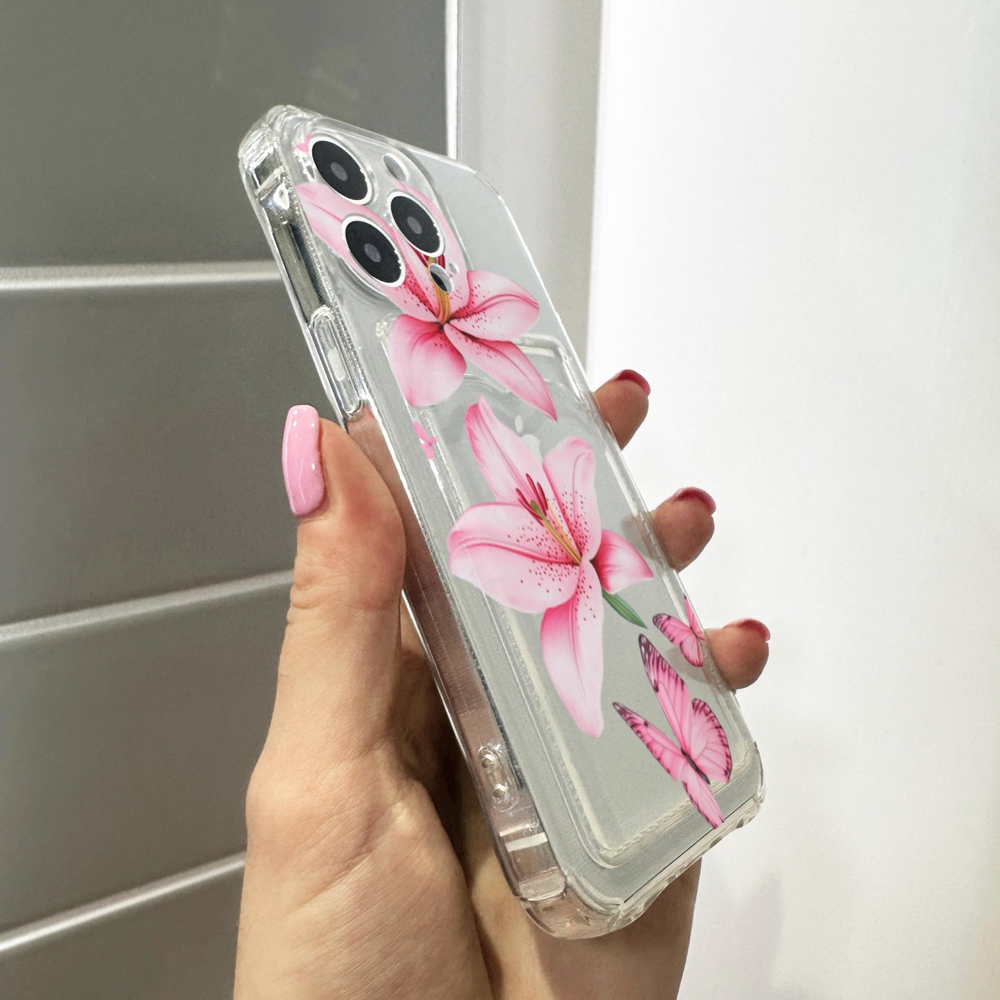 Pink Lily Butterfly Card Holder Phone Case for iPhone 17 16 15 14 13 12 11 11 Pro Max Mini 7 8 XR Wallet Shockproof Phone Cover Custom Name