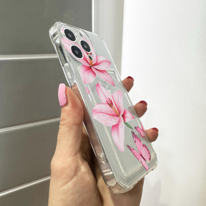 Pink Lily Butterfly Card Holder Phone Case for iPhone 17 16 15 14 13 12 11 11 Pro Max Mini 7 8 XR Wallet Shockproof Phone Cover Custom Name