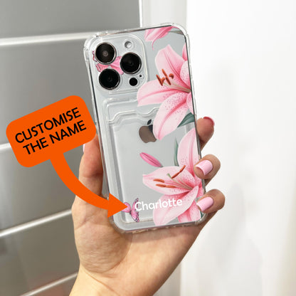Pink Lily Butterfly Card Holder Phone Case for iPhone 17 16 15 14 13 12 11 11 Pro Max Mini 7 8 XR Wallet Shockproof Phone Cover Custom Name